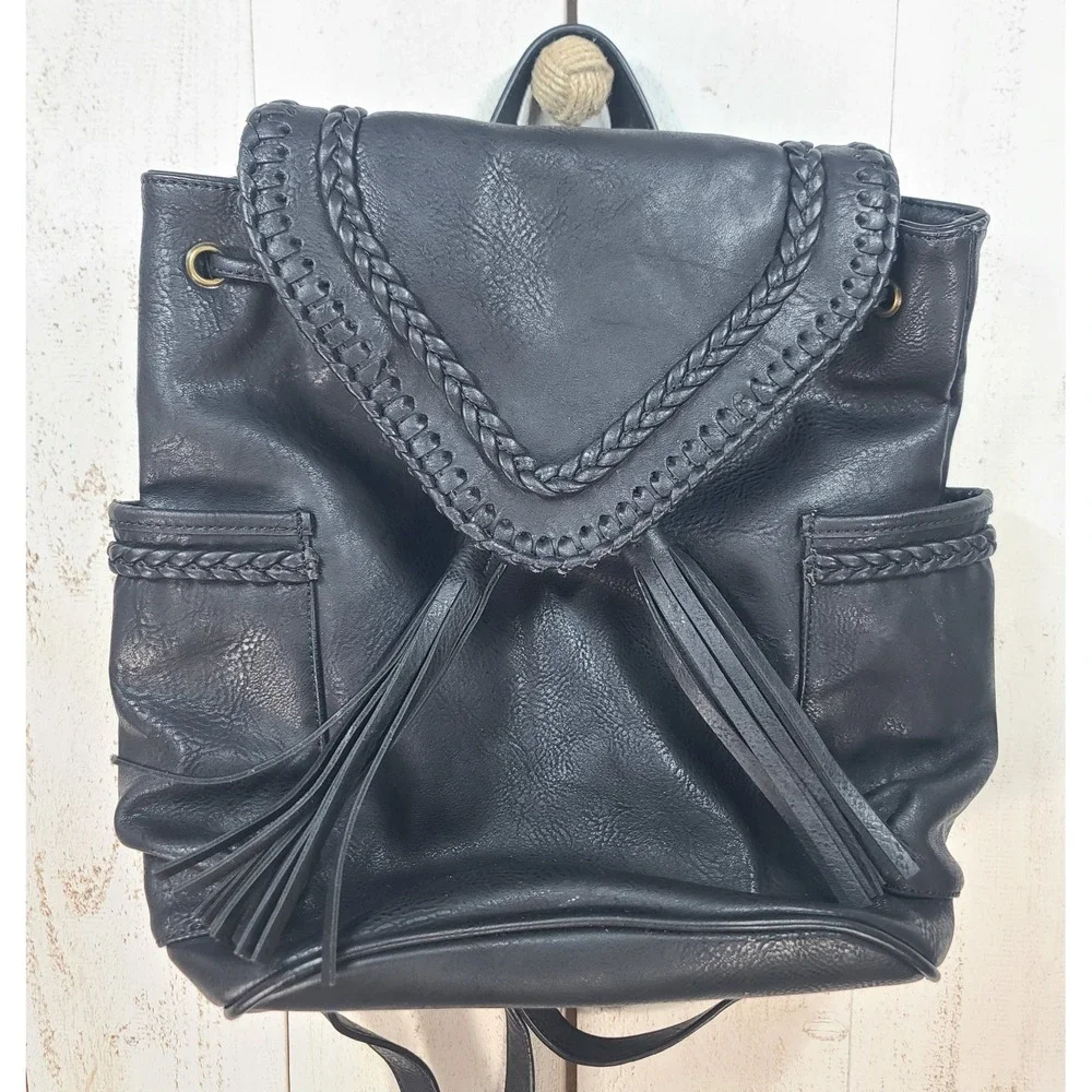 Gothic Boho-Luxe Western Festival Dolce Girl Black Pebbled Fringe Vegan Backpack